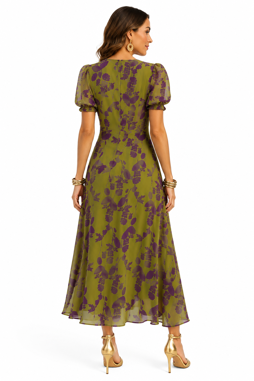 Vestido Midi Amatista Floral - con Escote Cruzado y Manga Abullonada