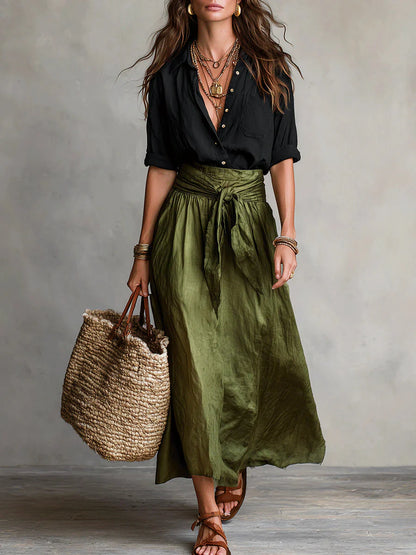 Camelia - Conjunto de dos piezas: Top negro y falda verde oliva