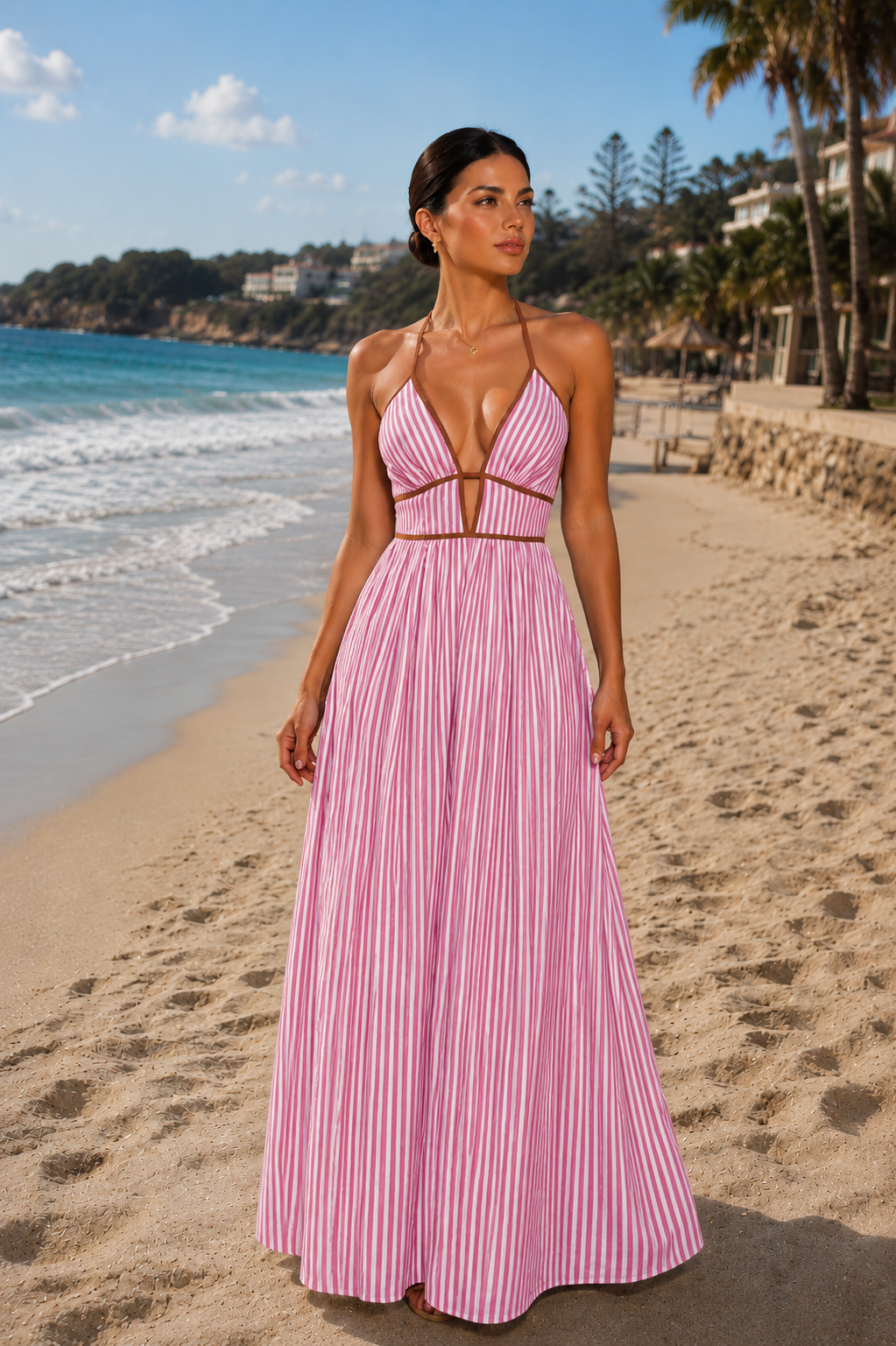 Vestido Serena – Largo Halter de Rayas