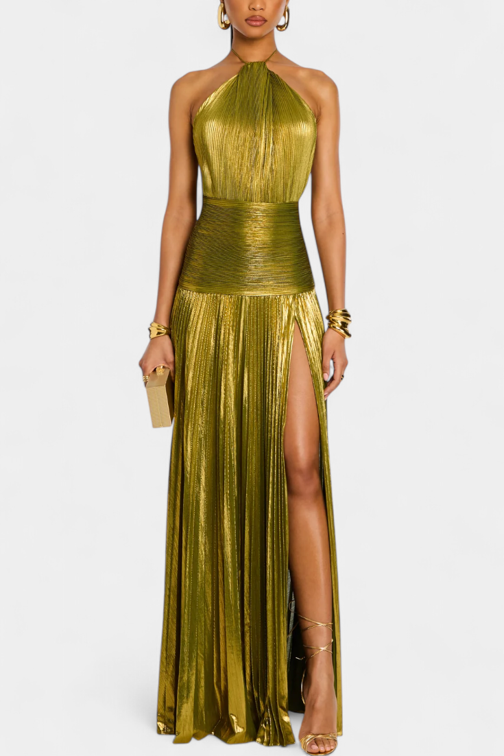 Emma | Vestido halter de espalda descubierta metálico