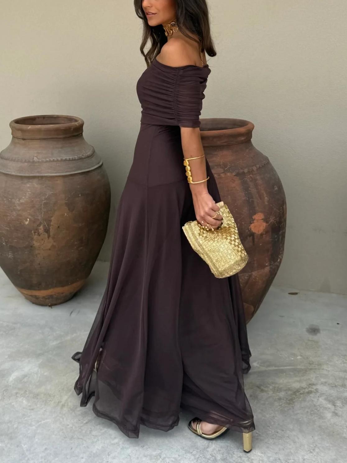 INÉS™ | VESTIDO LARGO DE MALLA ASIMÉTRICO