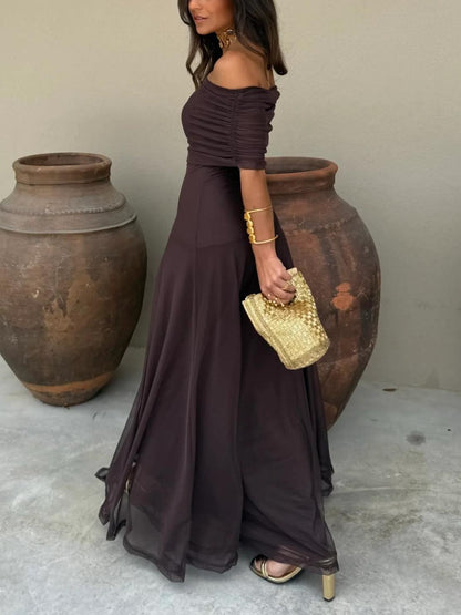 INÉS™ | VESTIDO LARGO DE MALLA ASIMÉTRICO
