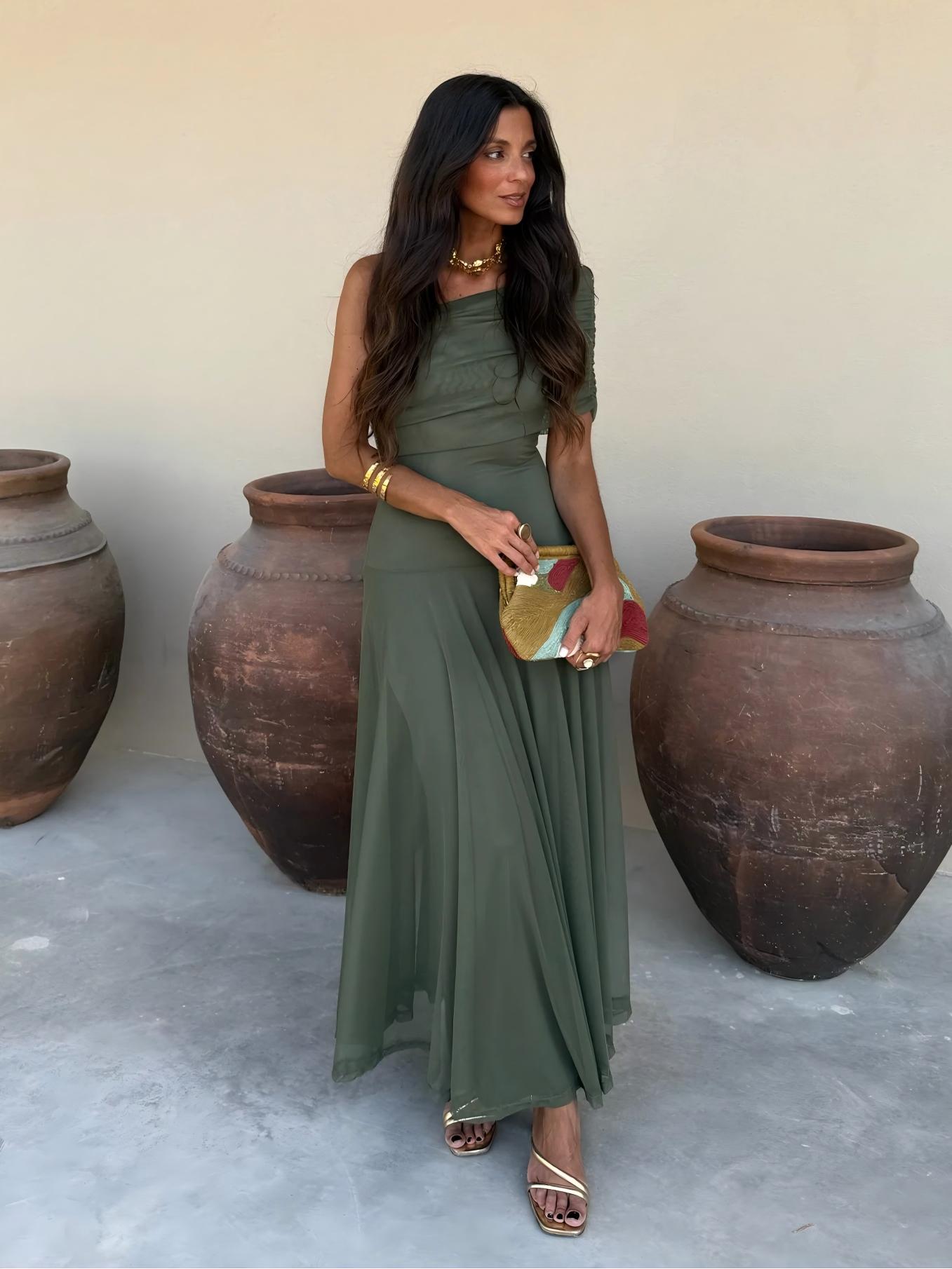 INÉS™ | VESTIDO LARGO DE MALLA ASIMÉTRICO