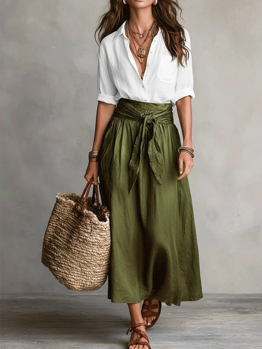 Camelia - Conjunto de dos piezas: Top negro y falda verde oliva