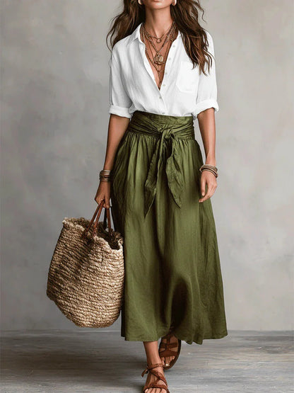 Camelia - Conjunto de dos piezas: Top negro y falda verde oliva