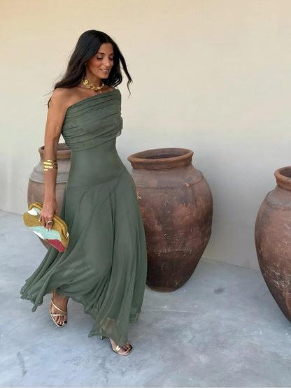 INÉS™ | VESTIDO LARGO DE MALLA ASIMÉTRICO