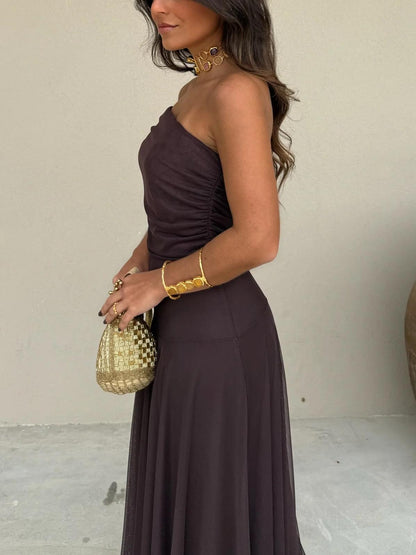 INÉS™ | VESTIDO LARGO DE MALLA ASIMÉTRICO