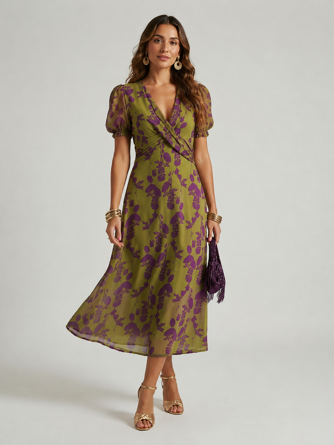 Vestido Midi Amatista Floral - con Escote Cruzado y Manga Abullonada