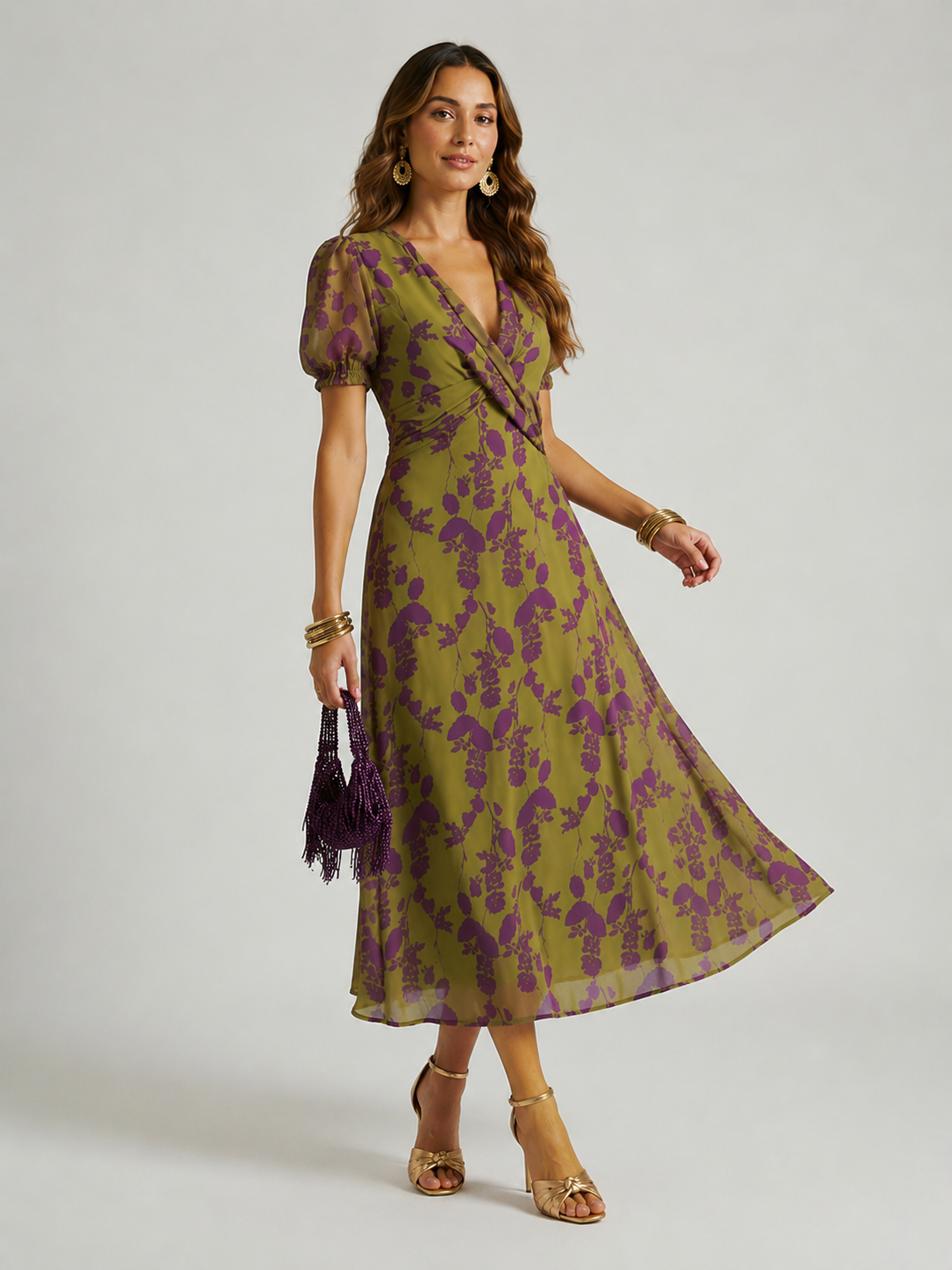 Vestido Midi Amatista Floral - con Escote Cruzado y Manga Abullonada