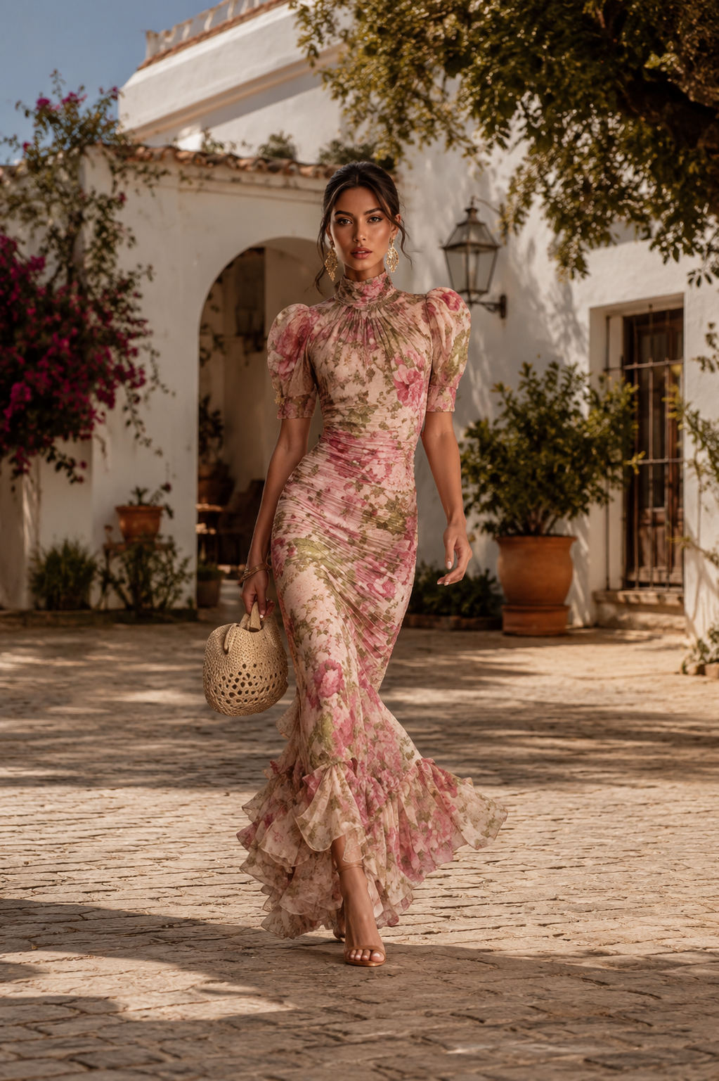 Vestido Roxana - Estampado Floral Elegante con Mangas Abullonadas y Corte Sirena