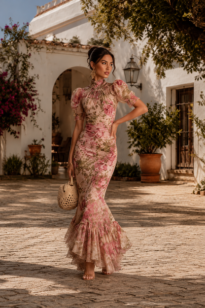 Vestido Roxana - Estampado Floral Elegante con Mangas Abullonadas y Corte Sirena