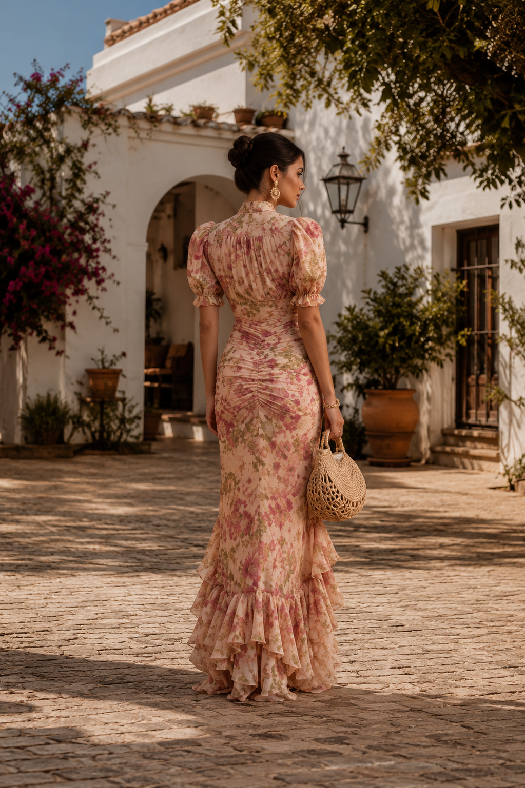 Vestido Roxana - Estampado Floral Elegante con Mangas Abullonadas y Corte Sirena