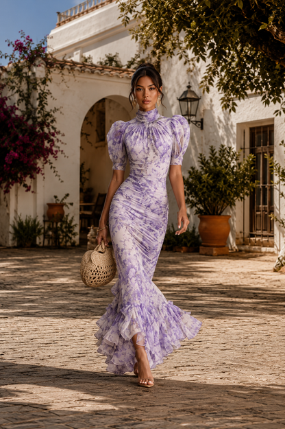 Vestido Roxana - Estampado Floral Elegante con Mangas Abullonadas y Corte Sirena