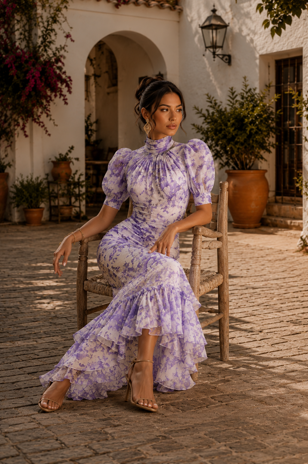 Vestido Roxana - Estampado Floral Elegante con Mangas Abullonadas y Corte Sirena