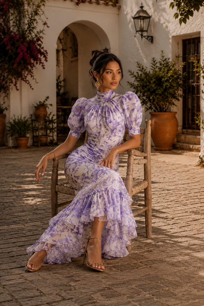 Vestido Roxana - Estampado Floral Elegante con Mangas Abullonadas y Corte Sirena