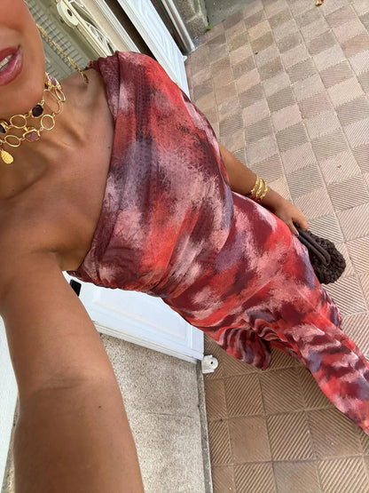 INÉS™ | VESTIDO LARGO DE MALLA ASIMÉTRICO