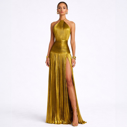 Emma | Vestido halter de espalda descubierta metálico