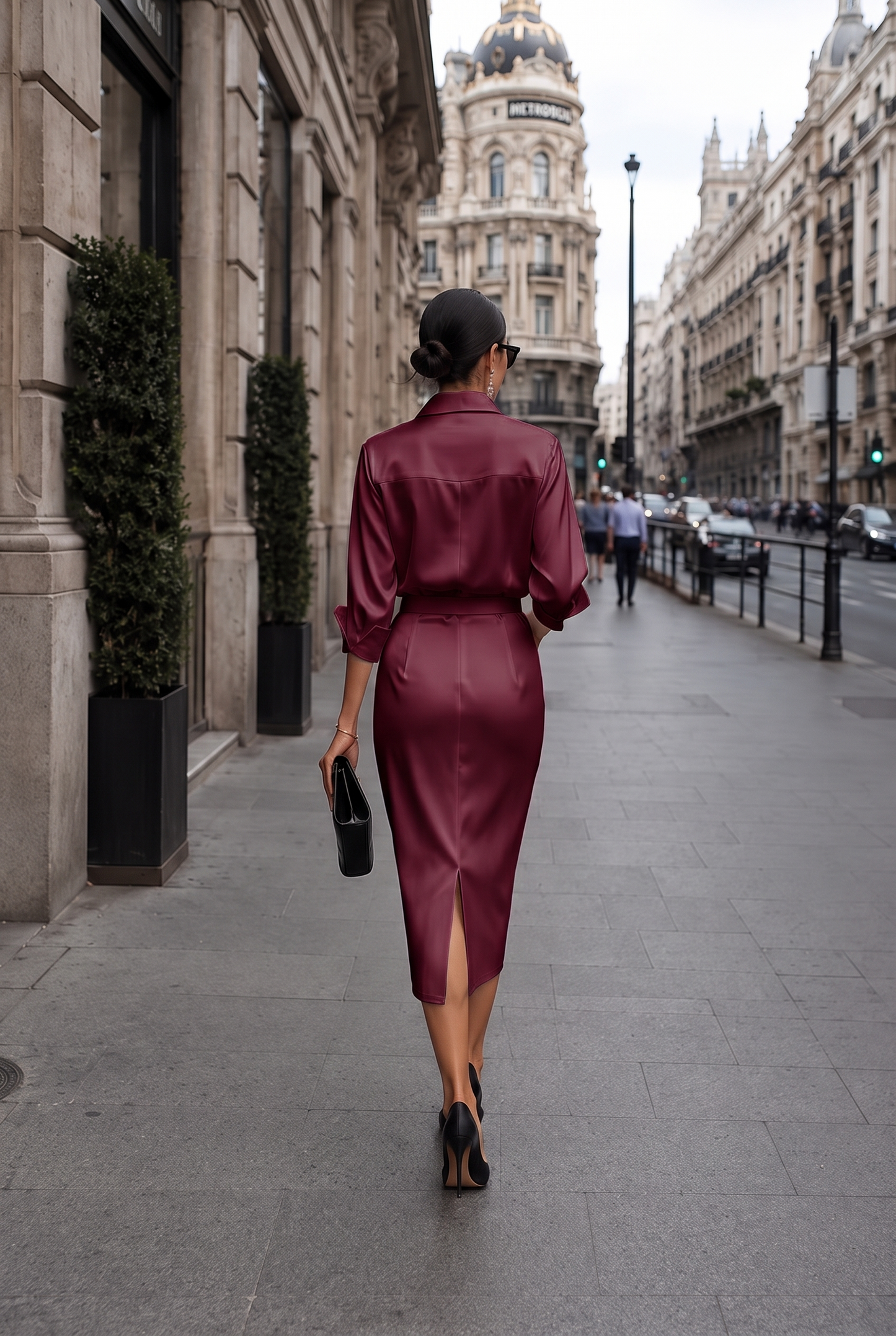 Vestido Laura - Vestido Midi Satinado con Escote Drapeado y Cinturón
