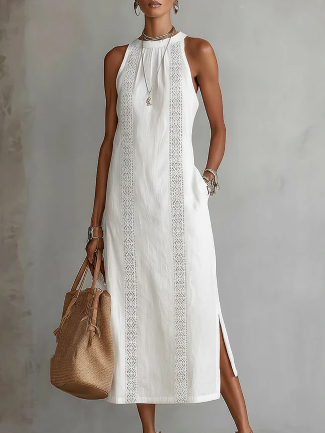 VEGA™ | VESTIDO MIDI DE LINO CUELLO MAO